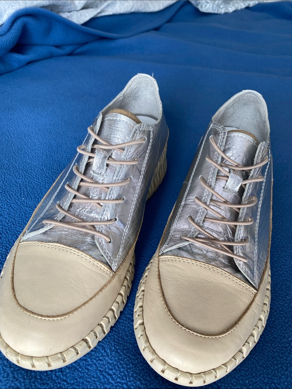 Spring Step Cream & Silver Women's Leather Casual Lace-Up Sneakers